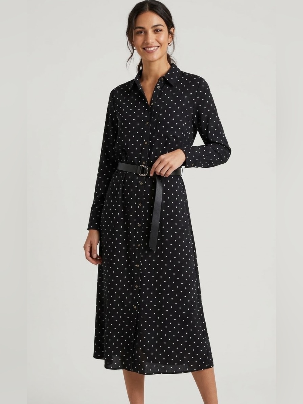 Zara Black and White Polka Dot Midi Shirt Dress